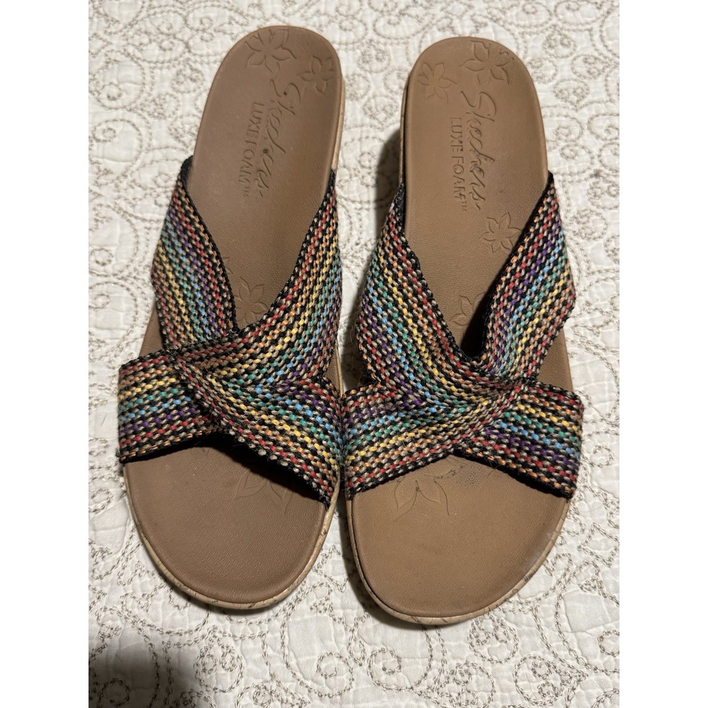 Women Skechers Cali Delighted Luxe Foam Wedge Sandals Shoes Sz 11 Rainbow Stripe